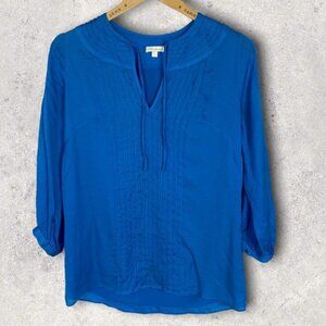 Revolve Shoshanna 100% Silk Blue‎ Pleated Front Blouse Size 2 Top 3/4 Sleeves